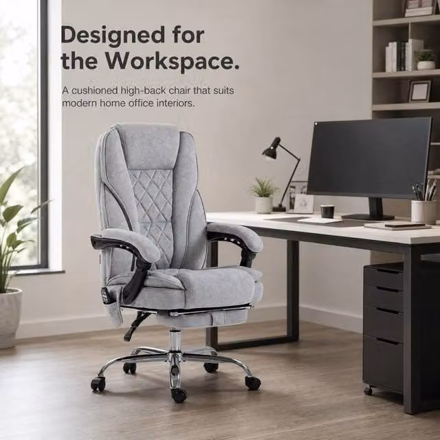 STILVORA Grey Fabric Executive Massage Office Chair with Recline, Footrest and Headrest, W/D/H: 72 x 67 x 135 cm
