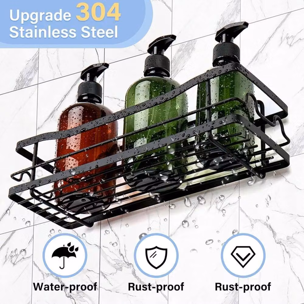 NESTLUNE Set of 2 Self-Adhesive Black Bathroom Shower Shelves with Soap Dish and Toothbrush Holder – 5