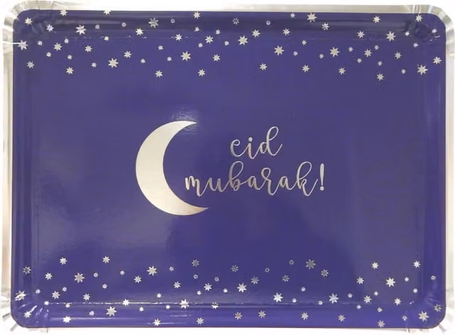 Peacock Supplies Eid Mubarak Rectangular Serving Trays in Blue and Silver