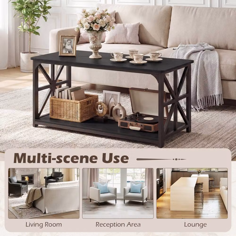 Gymax Industrial Farmhouse Coffee Table with 2-Tier Open Storage Shelf in Black – 4