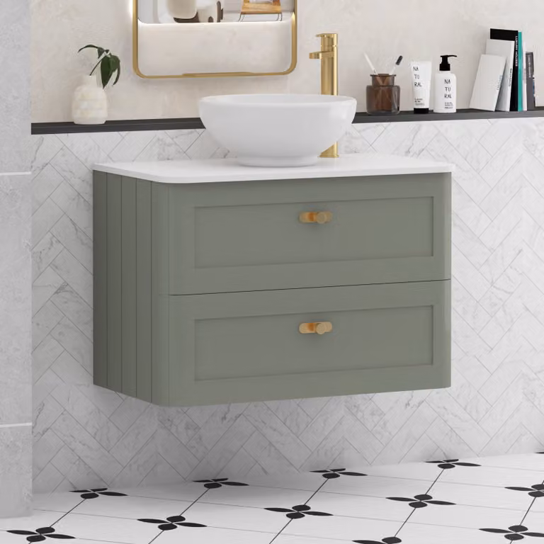Royal Bathrooms Henley 800mm Sage Green Wall Hung 2 Drawer Vanity Unit with Plain White Worktop, Breeze Basin and Brushed Brass Knob