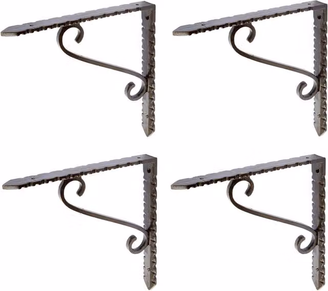 Hammer and Tongs Notched Scroll Iron Shelf Bracket, Pack of 4, Raw Grey and Brown