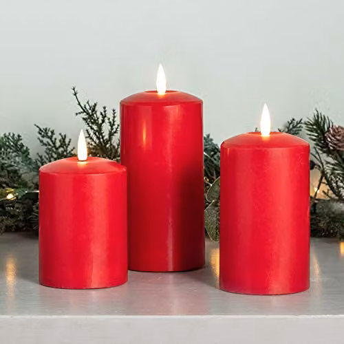 Lights4fun TruGlow Set of 3 Red Wax Pillar LED Candles with Timer and Flicker Effect – 2