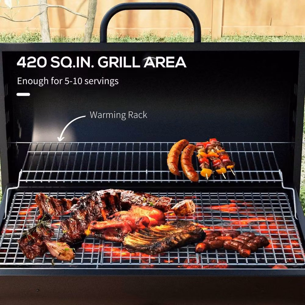 FLAVORA Barrel Charcoal Barbecue BBQ Grill Trolley with Warming Rack and Thermometer, Black, H x W x D: 102 x 71.5 x 95 cm – 5