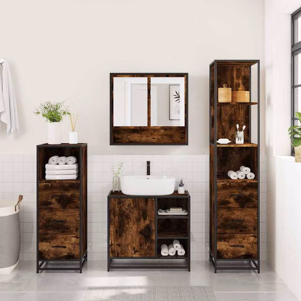 Berkfield Home 4-Piece Industrial Bathroom Furniture Set in Smoked Oak – 4