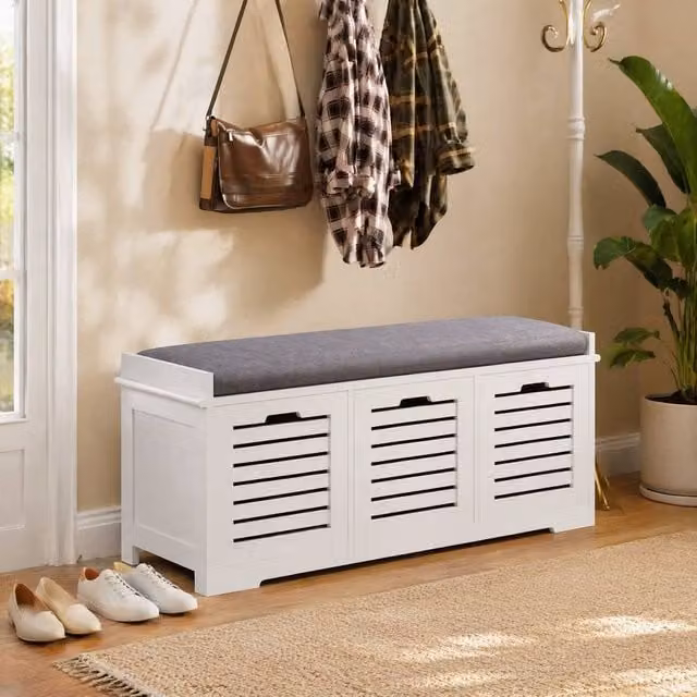 STILVORA Shoe Storage Bench with 3 Drawers and Grey Linen Seat in White