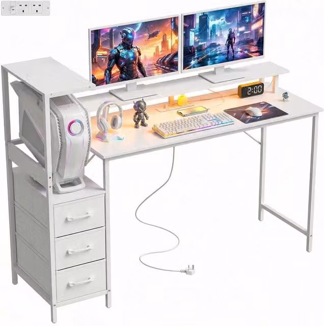 FORGEVIO White Gaming Desk with Charging Station and RGB Lights