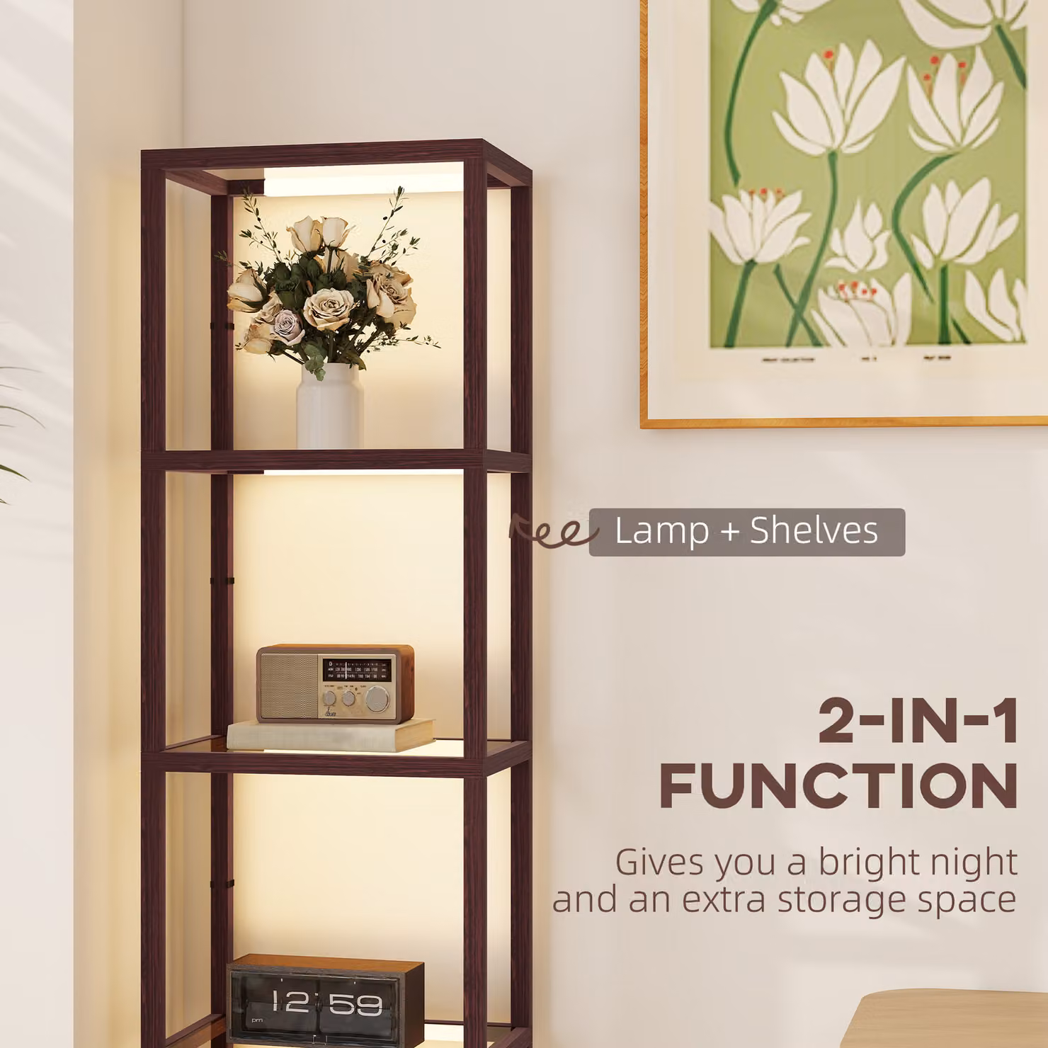 HOMCOM Dimmable LED Floor Lamp with 4 Glass Shelves in Dark Brown – 2