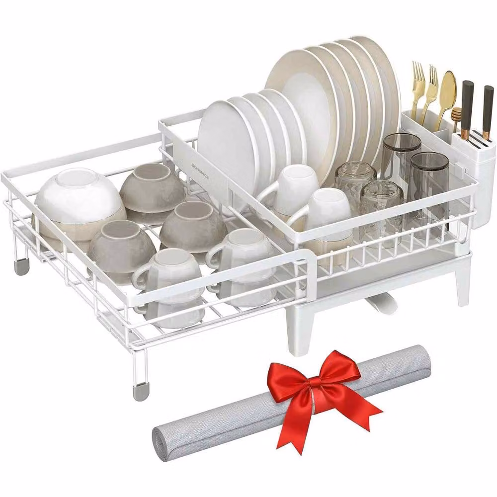 The Bazaarist Expandable Dish Drying Rack with Silicone Mat and Cutlery Holder, White – 2
