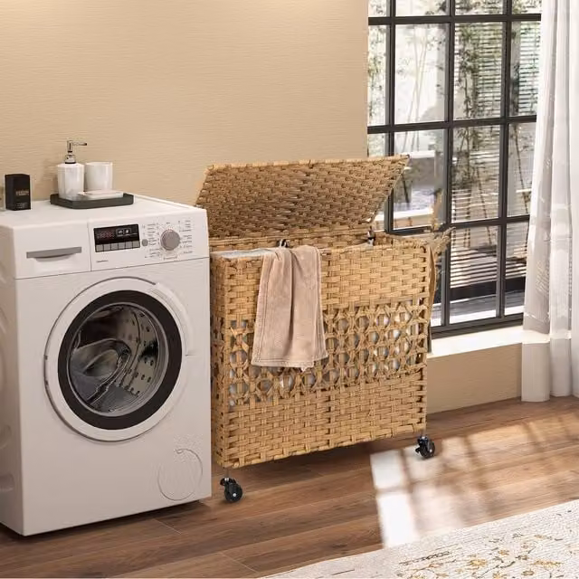 Costway 110L 2-Section Laundry Hamper with Lid and Wheels in Beige