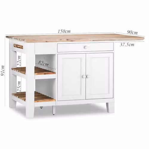 Statement Furniture Florence Kitchen Island with Cupboard, 2 Drawers and Shelves in White, W: 150 cm, D: 90 cm, H: 91 cm – 2