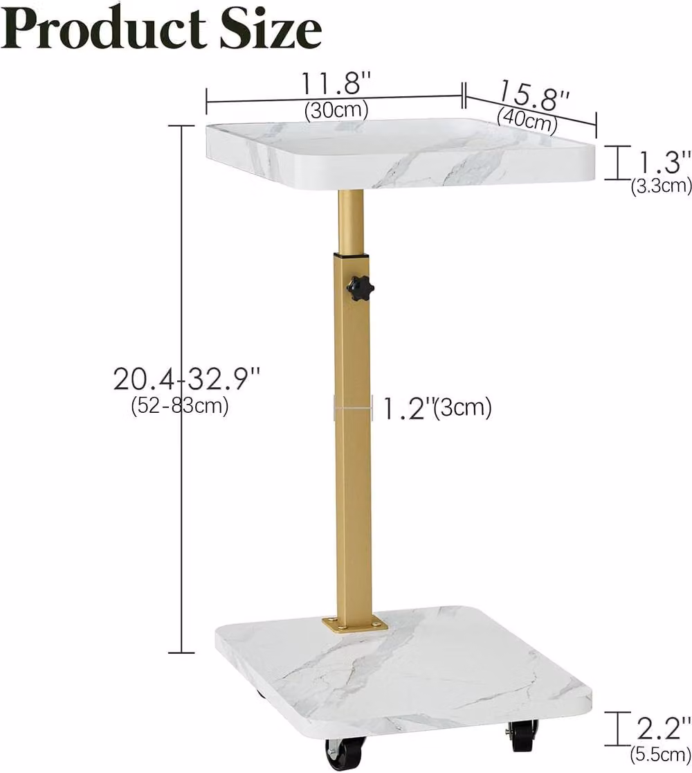 Huhote Height Adjustable C Shaped Swivel Side Table with Castors in White – 2
