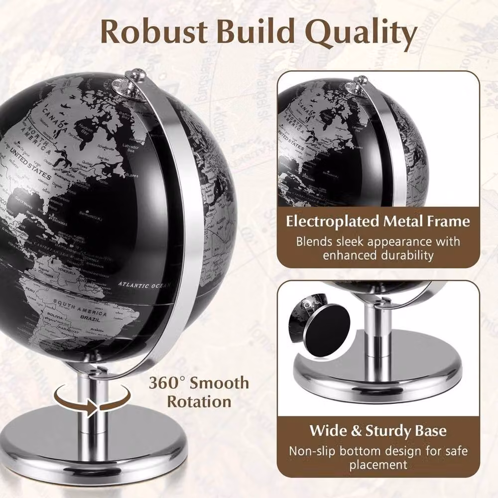 SPETLEK Silver and Black World Globe with Metal Stand, 22 cm Diameter – 6