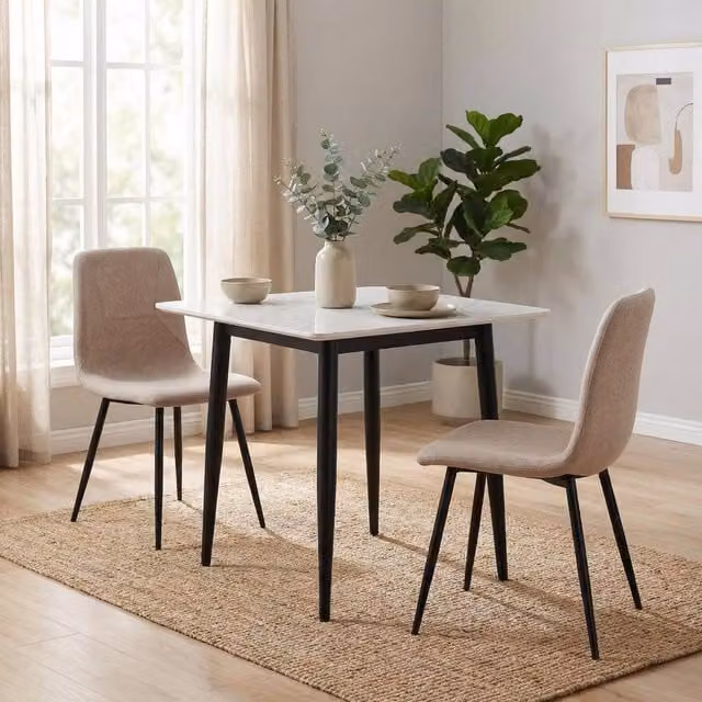 FWStyle 3-Piece Modern Square Dining Set with Ceramic Marble Effect Table and Chairs
