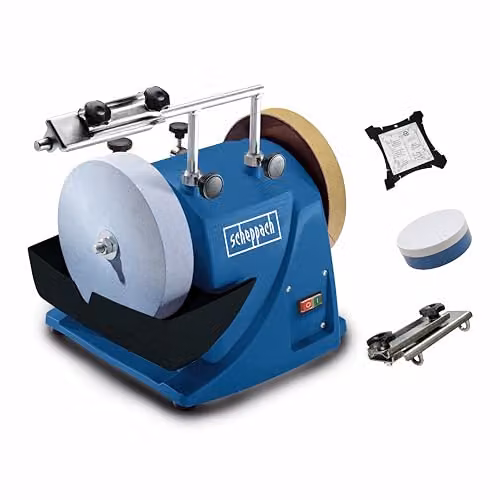 Scheppach Tiger 2000S Wet Bench Grinder, 120W, 200mm Corundum Whetstone and Leather Honing Wheel, Blue, W/D/H: 46.0 x 31.0 x 27.0 cm