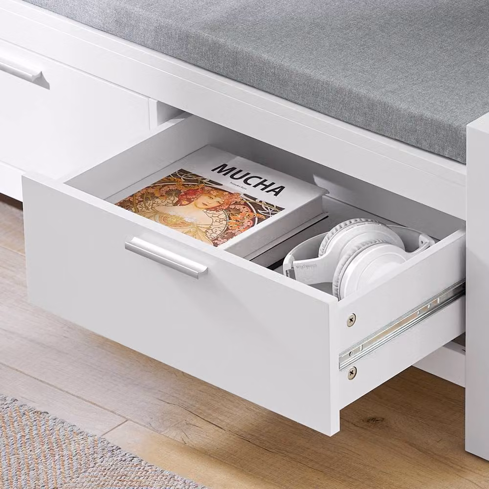 SoBuy Storage Bench with Cushion and 2 Drawers in White and Grey, W/D/H: 100 x 120 x 40 cm – 3