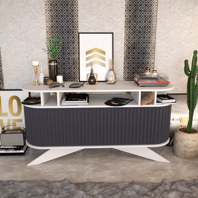 Decorotika Modern Striped Store Sideboard in White and Anthracite
