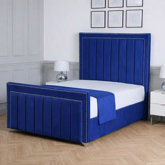Living Comfort Bedz Royale Plush Velvet Upholstered Bed with Slatted Base and 48 Inch Headboard, Blue, W/D/H: 140 x 200 cm