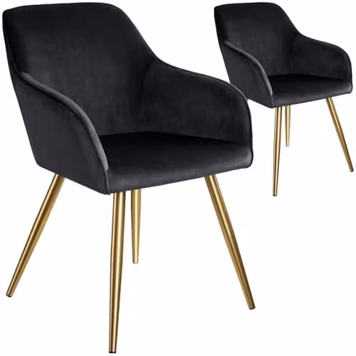 tectake Set of 2 Velvet Look Dining Chairs with Armrests and Gold Steel Legs, Black/Gold