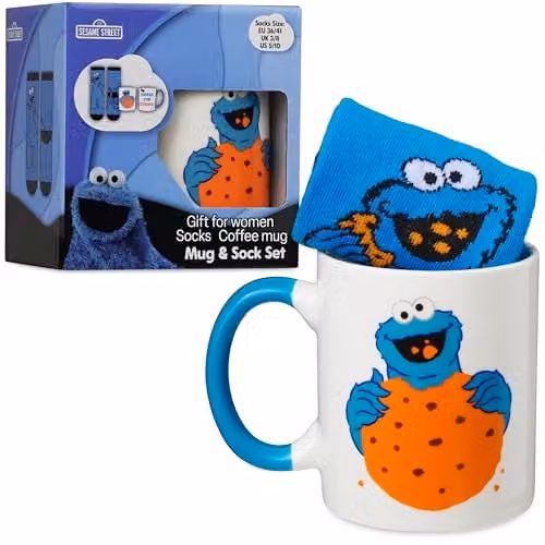 Get Trend Sesame Street Cookie Monster Ceramic Mug and Crew Socks Gift Set, Multicolour, 340ml