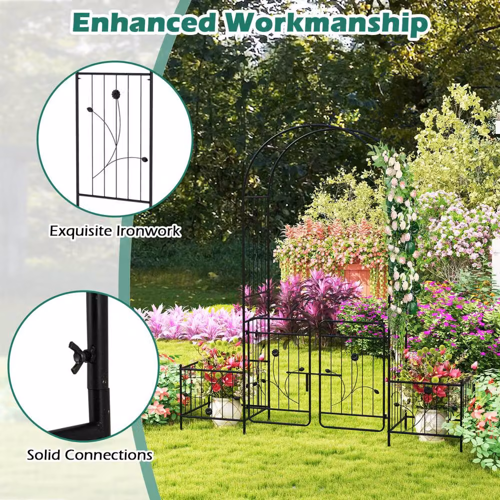 Gymax Metal Garden Arbour Trellis with Lockable Gate and Side Planters, Black, H 220 x W 198 x D 50 cm – 5