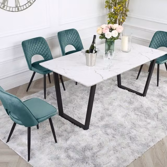 Home Garden Direct Modern Rectangular Marble Dining Table with 4 Green Velvet Sled Base Chairs
