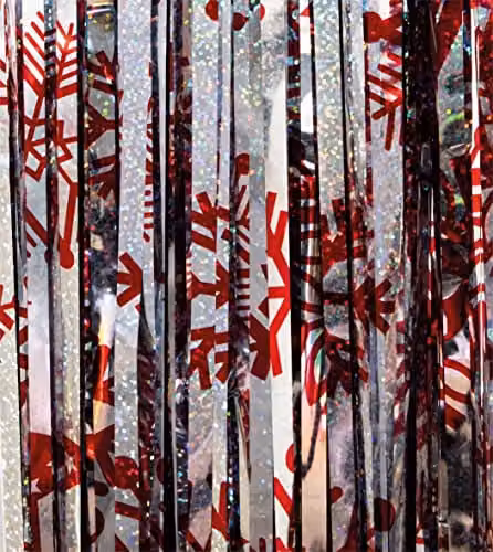 Netagon Red Shimmer Tinsel Curtain with Snowflake Design, W: 100 cm, H: 200 cm – 6
