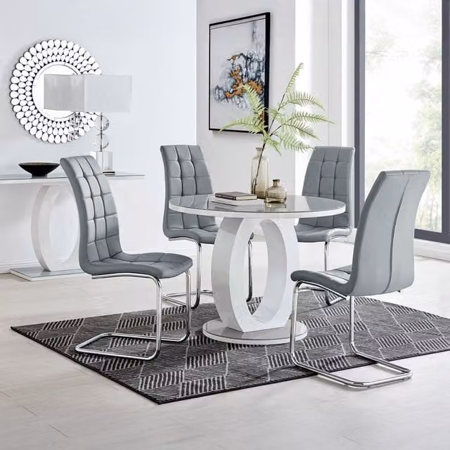 FurnitureboxUK Giovani Grey Round Glass Dining Table and 4 Murano Chairs, Diameter: 100 cm