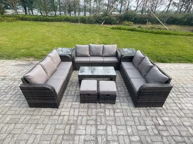 Fimous 11 Seater Rattan Garden Furniture Set with Coffee Table, 2 Footstools and 2 Side Tables in Dark Grey