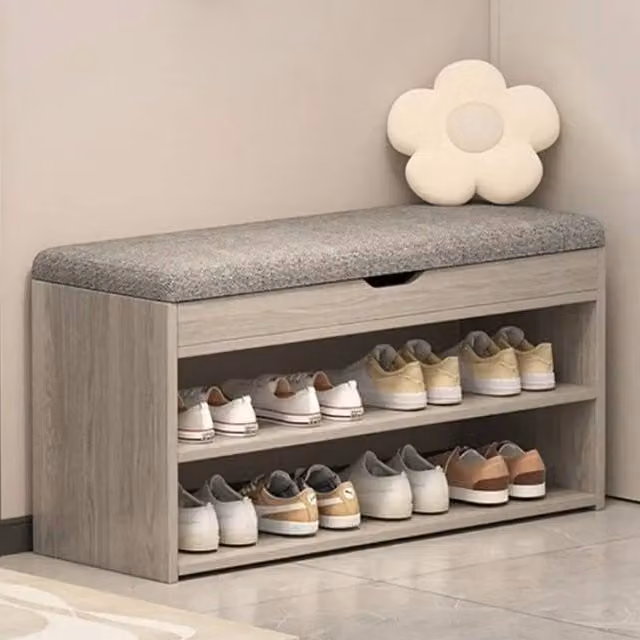 FORGEVIO Shoe Bench and Storage Rack Organiser with Fabric Cushion in Grey, W/D/H: 80 x 28 x 44 cm