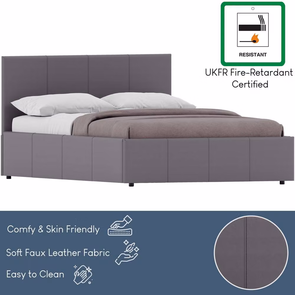 HD Designs Lisbon Ottoman Bed Frame in Grey, Double, with Synthetic Leather Upholstery and Lift Up Storage Base – 5