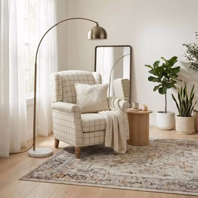 FurnitureboxUK Maisette Beige Checked Fabric Wingback Accent Armchair – 1