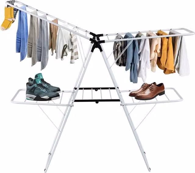 COSTWAY 2-Level Foldable Steel Clothes Drying Rack with Wing Arms, White