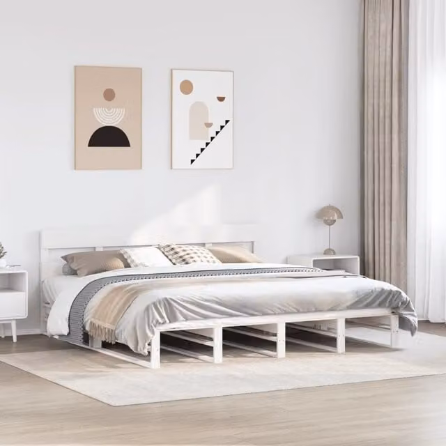 Berkfield Home White Solid Wood Pine Bed Frame W/D/H: 200 x 200 cm