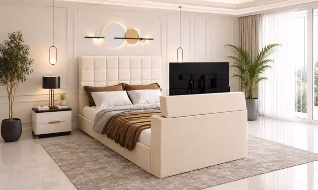 Paradise Beds Ltd Geneva Bespoke Upholstered TV Bed Frame in Cream Beige Velvet Fabric