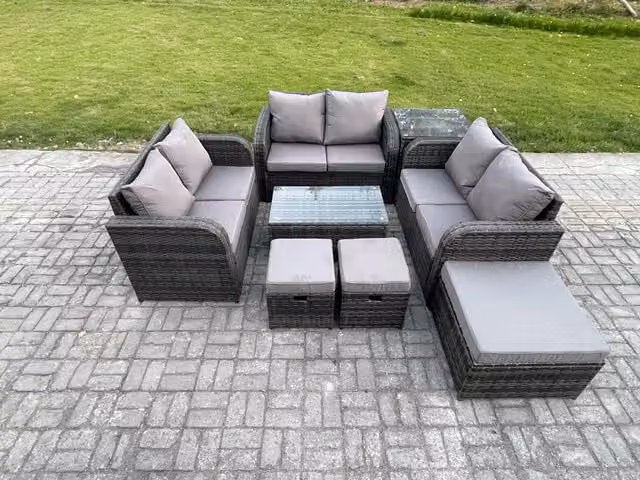 Fimous 9 Seater Grey Wicker Rattan Garden Furniture Set with U-Shape Sofa, Rectangular Coffee Table and 3 Ottomans