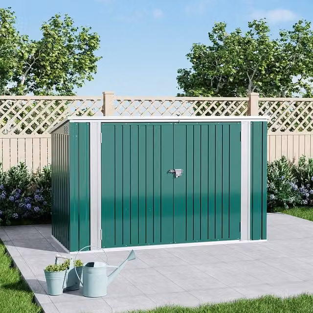 Lifeideas Metal Garden Storage Shed with Hinged Lid and Double Doors, Green, W: 207.26 cm, D: 103.63 cm, H: 216 cm