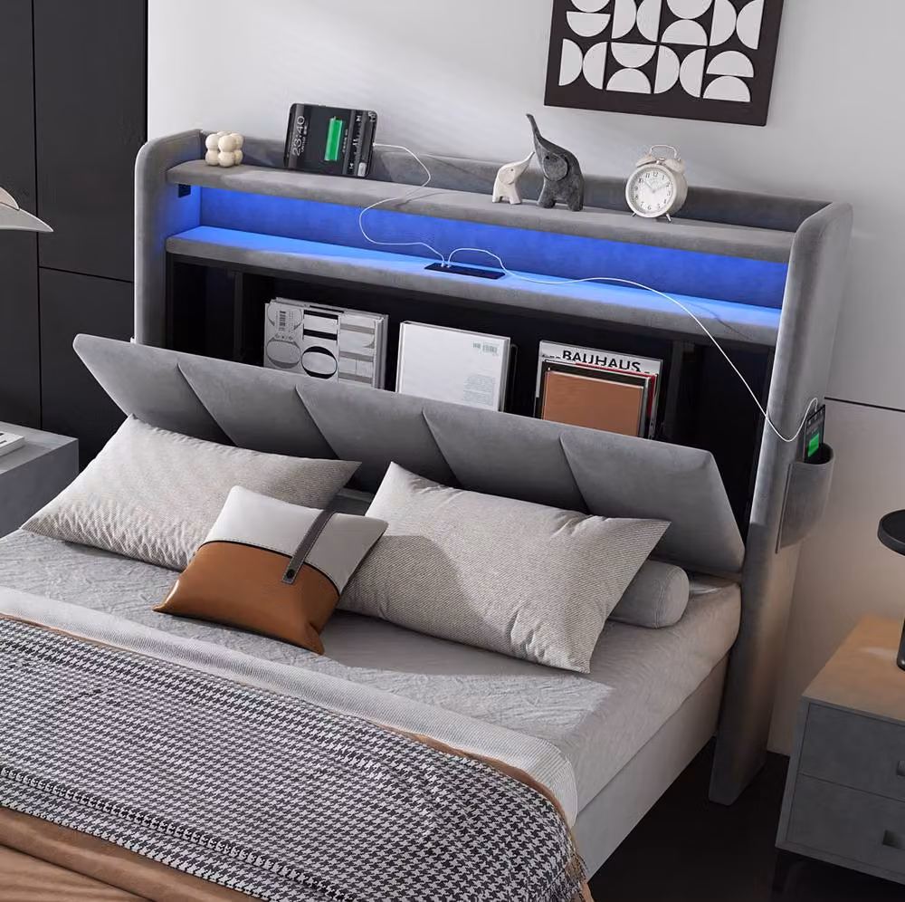 STILVORA Single Upholstered Bed in Grey with Under-Bed LED Lighting, USB Charging Port and Side Compartment Storage, W/D/H: 90 x 190 x 107 cm – 6