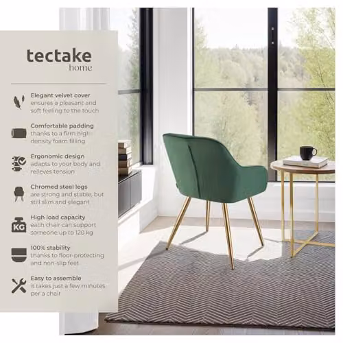 tectake Marilyn Dining Chair with Velvet Fabric and Armrests in Green and Gold – 4