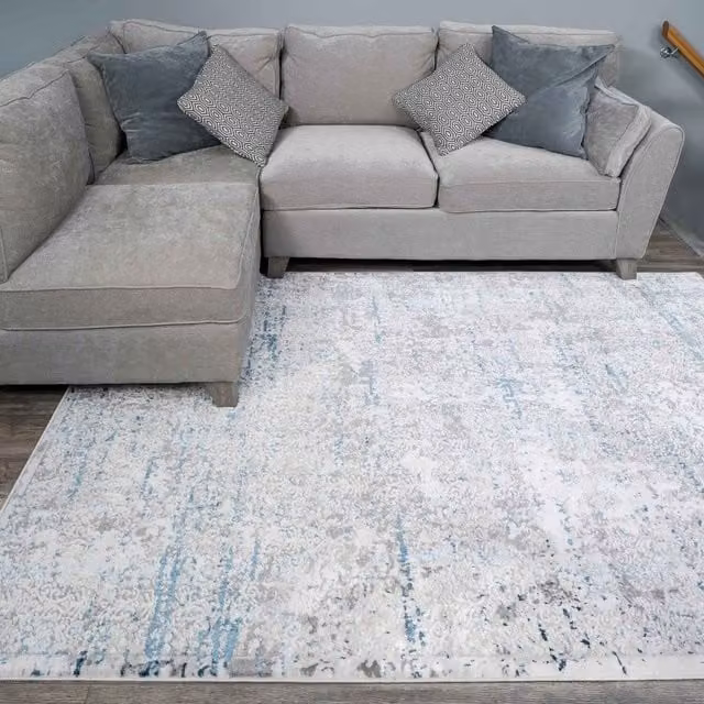 The Rug House Modern Abstract Rectangular Rug in Blue and Grey with High-Low Effect, W: 110 cm, D: 60 cm