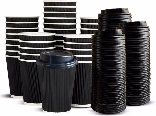 ECONX Disposable Black Paper Coffee Cups with Lids, 355 ml