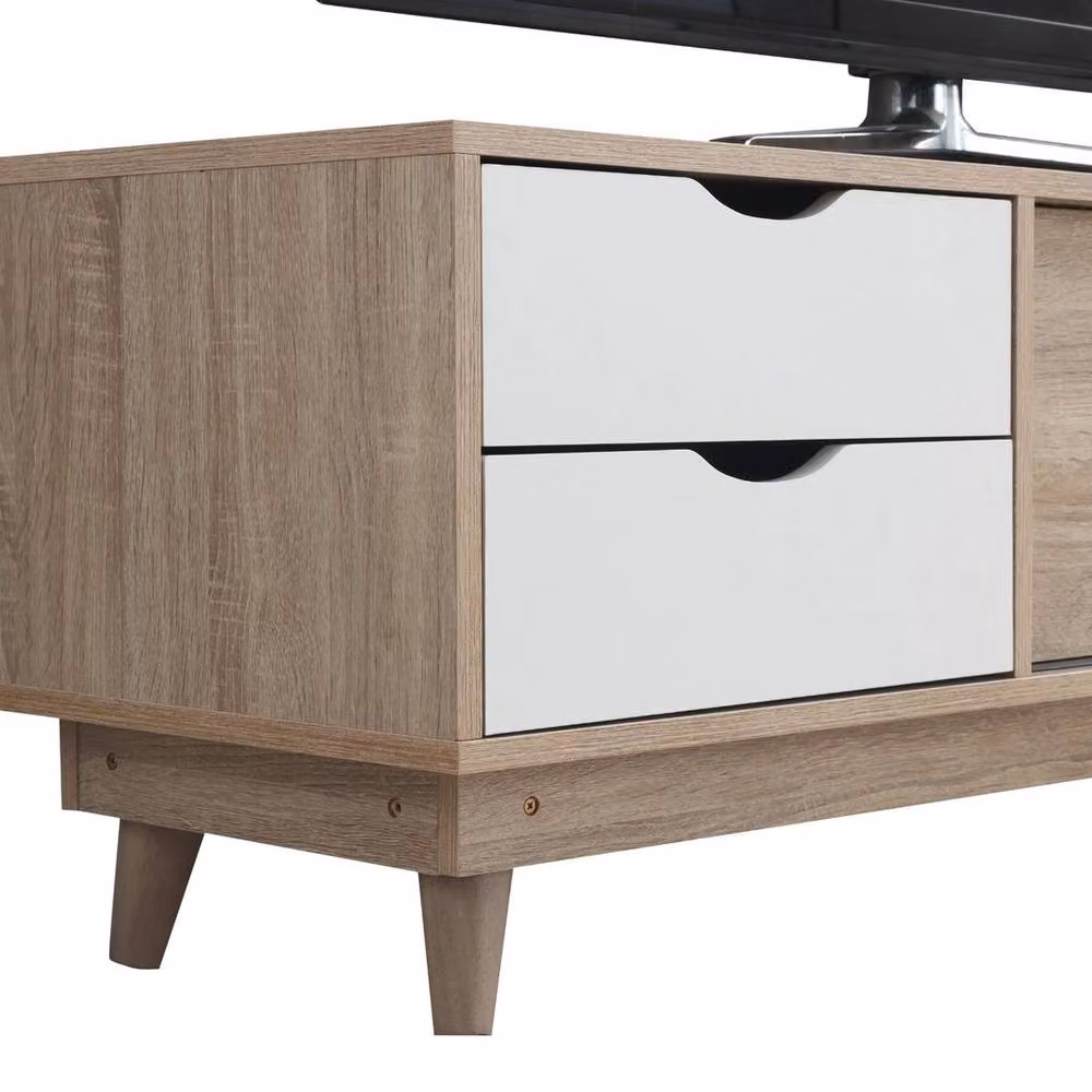 ERGOVEXA Oak White Scandinavian TV Stand Cabinet with Storage Shelves and Media Compartments – 4