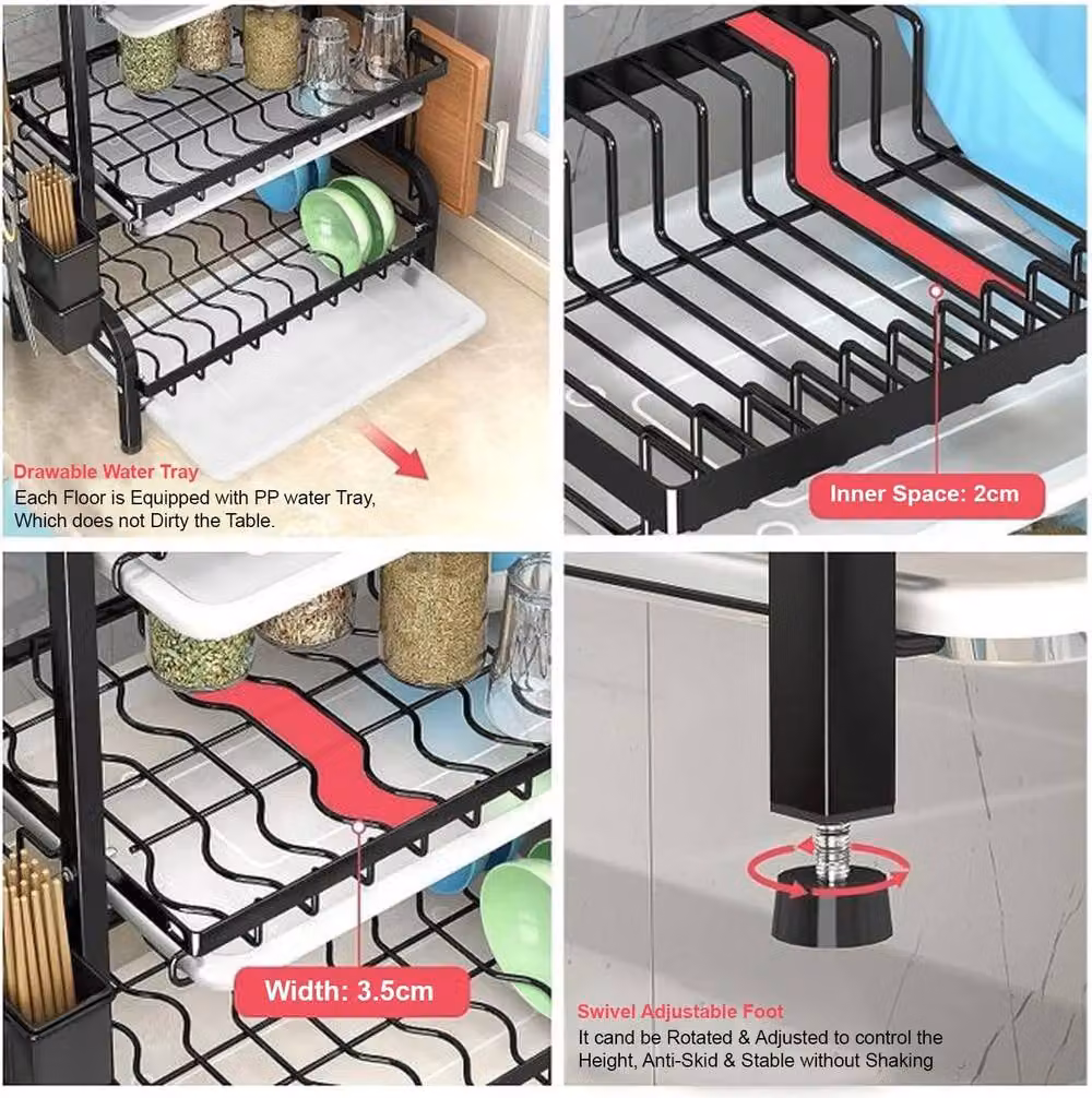 simplehuman Stainless Steel 3 Tier Dish Drainer Rack with Drip Tray and Cutlery Holder in Black or White – 9
