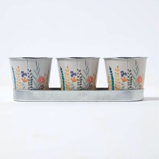 Homescapes Set of 3 Steel Herb Planter Pots with Tray in Multi-Colour Floral Design