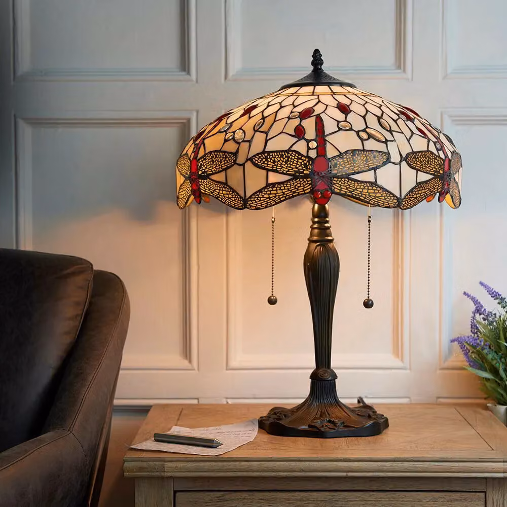 Loops Tiffany Glass Table Lamp with Red Dragonfly Shade in Dark Bronze and Multicolour – 3