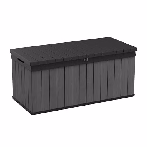 Keter Darwin 454L Outdoor Storage Box and Bench in Grey, Weatherproof Wood-Effect Composite Garden Deck Box with Hydraulic Lid – 1