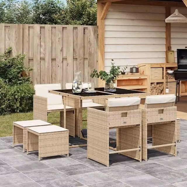 Berkfield Home 9 Piece Poly Rattan Garden Dining Set with Beige Cushions – 1