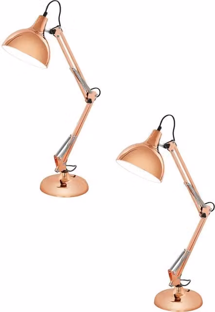 Loops 2 Pack Adjustable Metal Table Desk Lamps in Copper with E27 Bulb Socket and In-Line Switch