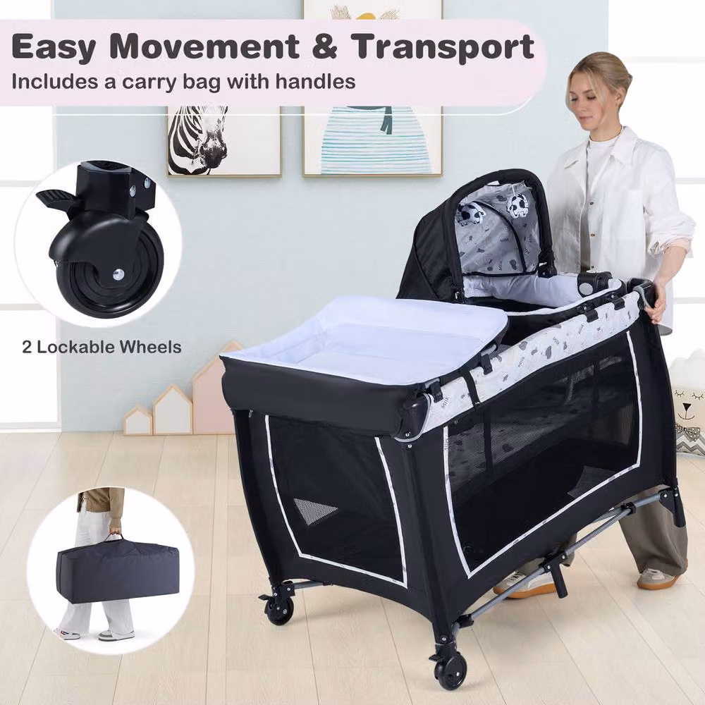 Costway Foldable Pack and Play Portable Baby Playard with Rocking Bassinet and Music Box, Multicolour – 5