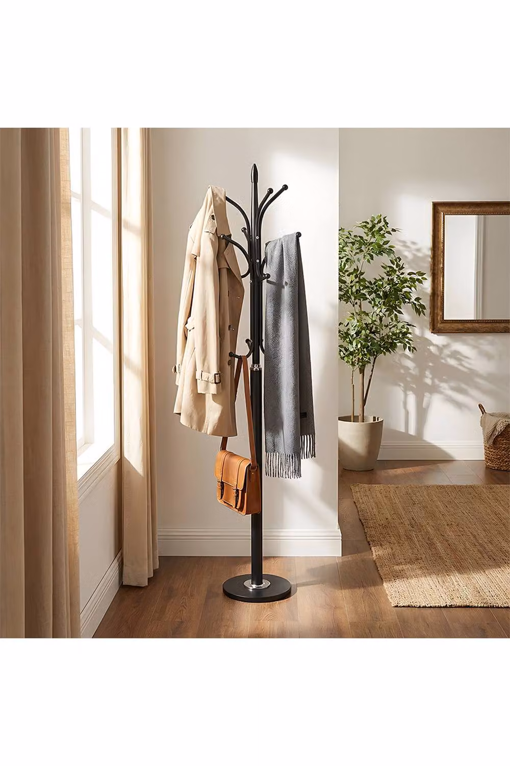 Living and Home Modern Matt Black Metal and Stone Freestanding Post Tree Coat Rack, H 174.5 cm x W 30.0 cm x D 12.0 cm – 2
